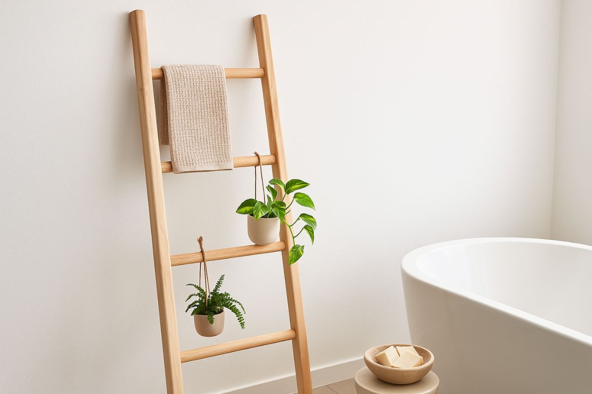 Come trasformare una vecchia scala in porta-asciugamani per il bagno estivo