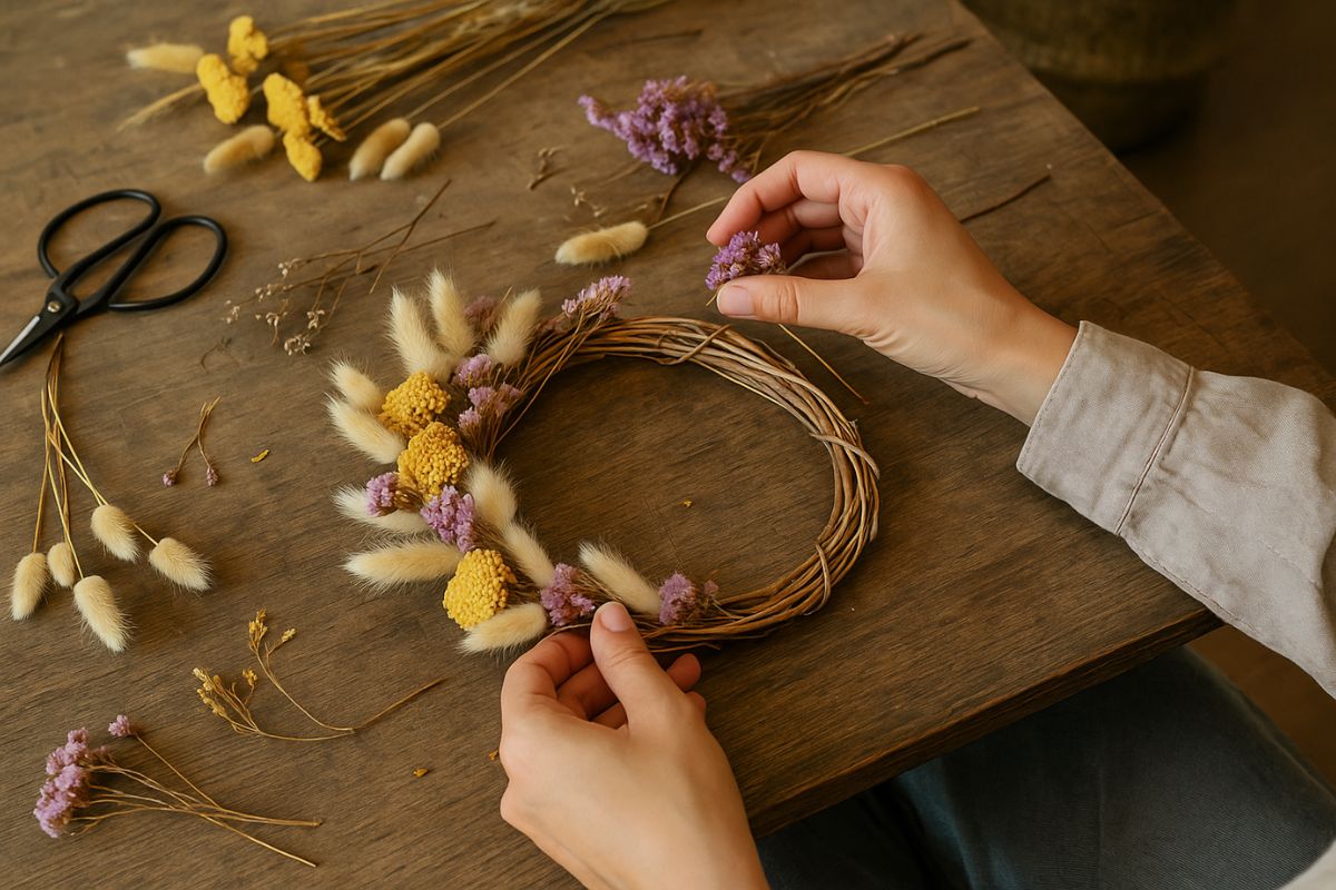 crea ghirlanda con fiori secchi