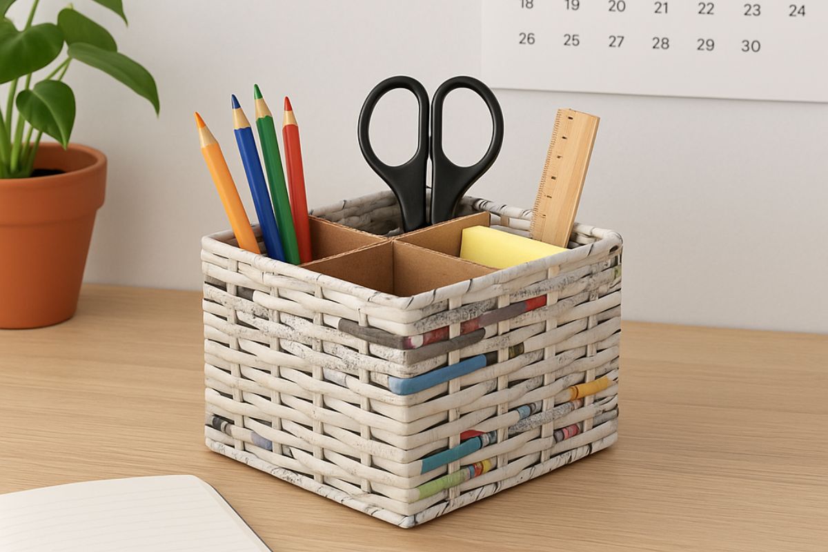 Cestini intrecciati con carta di giornale: l’idea green dell’estate
