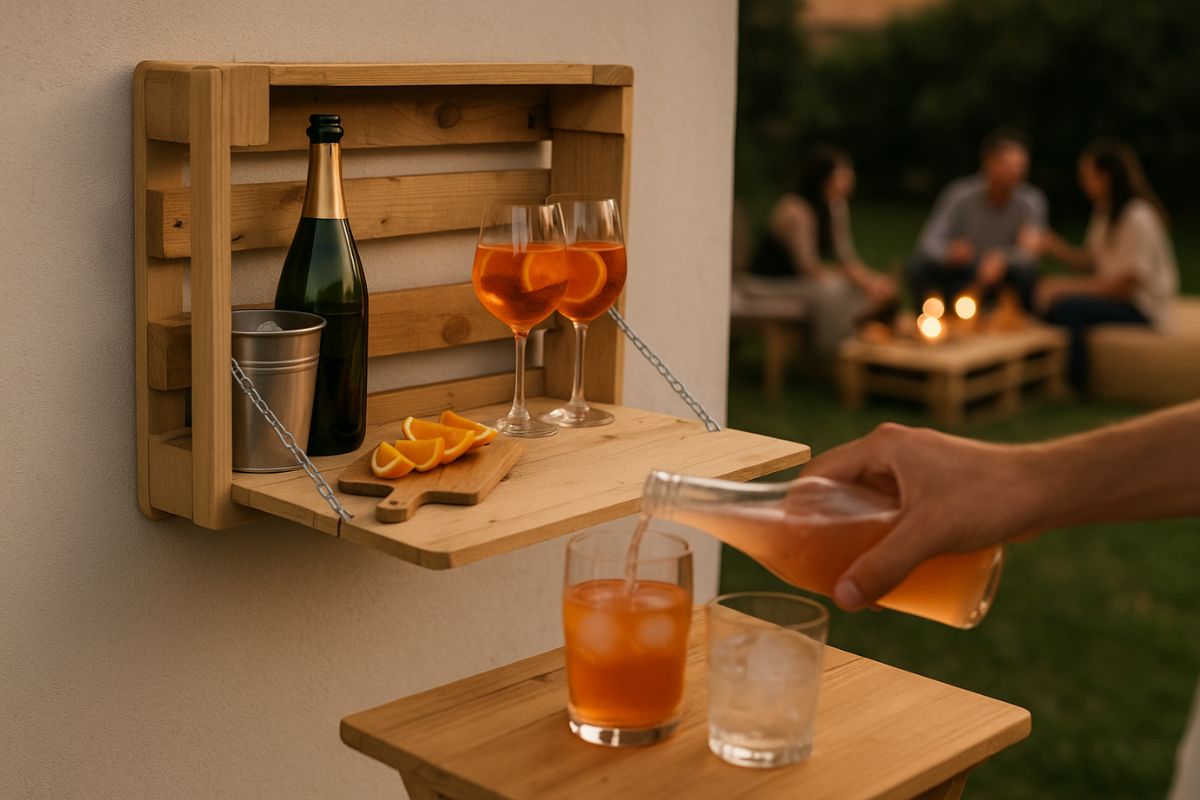 Un vecchio pallet diventa un mini-bar da giardino per le serate estive