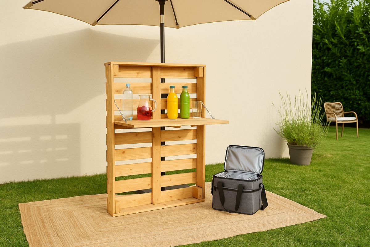 Un vecchio pallet diventa un mini-bar da giardino per le serate estive