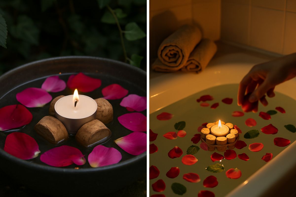 Porta-candela galleggiante con tappi di sughero e petali